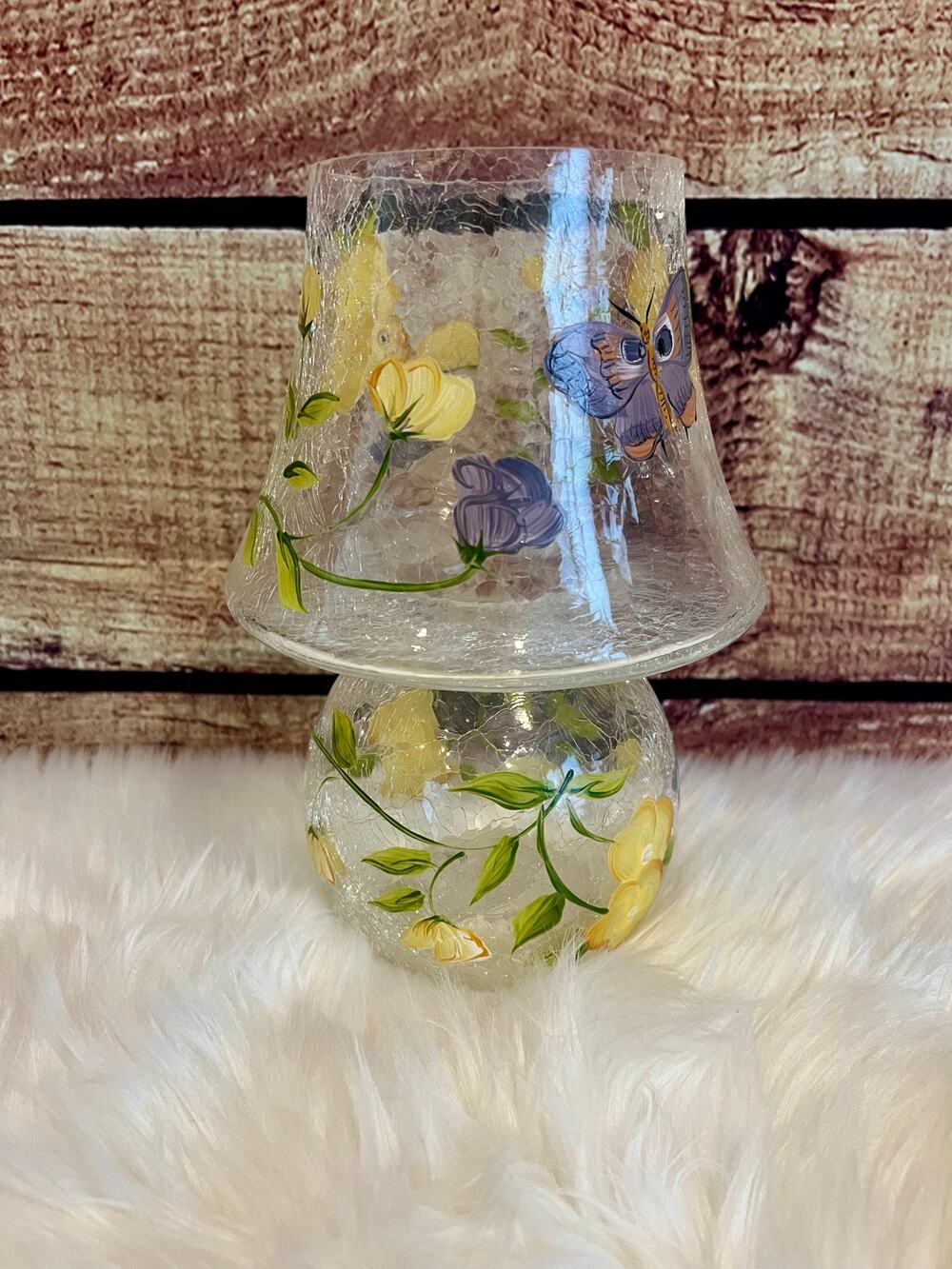 Vintage Anthropologie Floral Butterfly Hand Painted Painted Glass Lamp Vase EUC